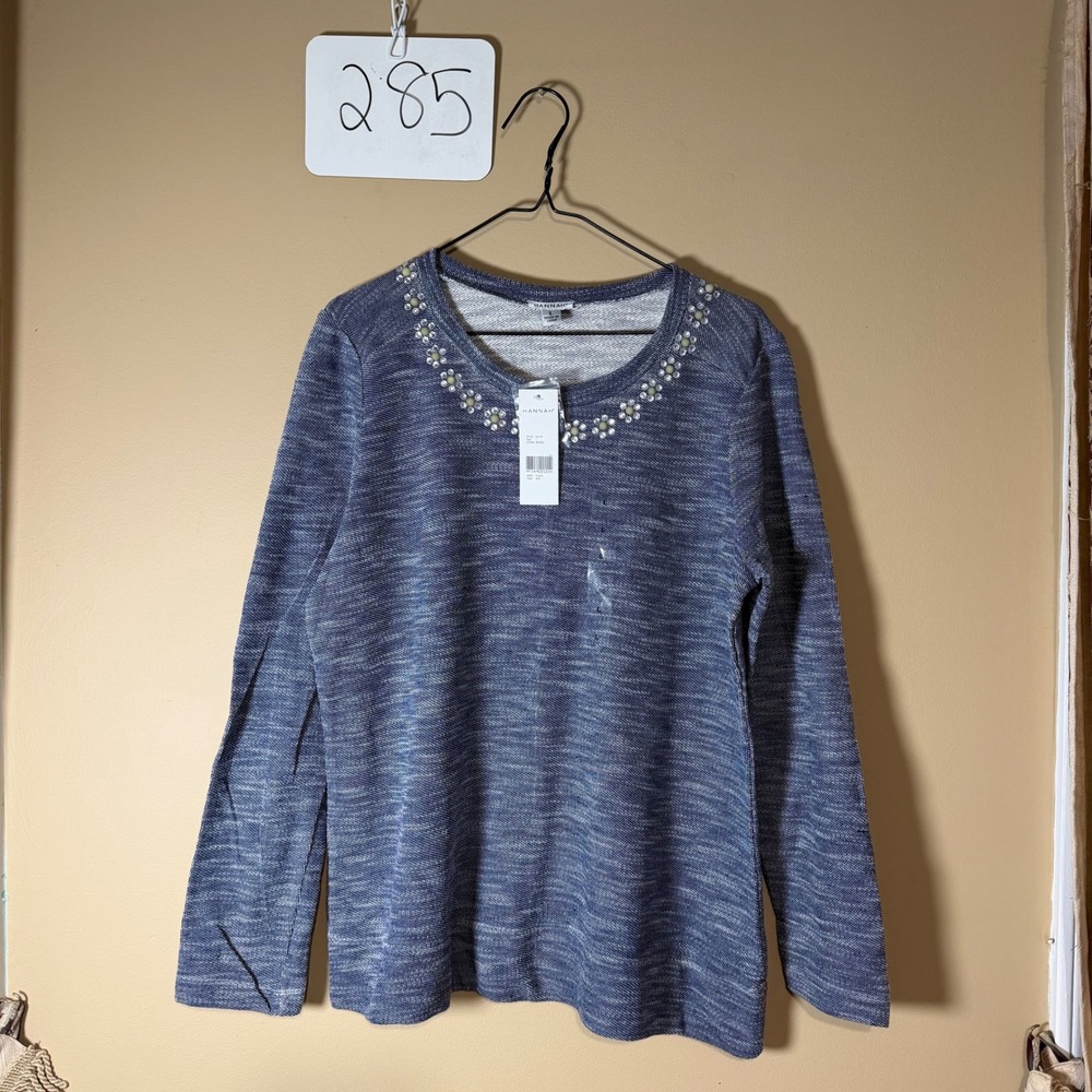 Hannah Women Indigo Blue Rhinestone Floral Embellished Marled Knit Top 63179 L